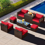 Costway - 8 Pieces Patio Space-Saving Rattan Furniture Set with Storage Box and Waterproof Cover-Red