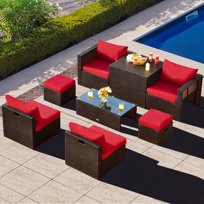 Costway - 8 Pieces Patio Space-Saving Rattan Furniture Set with Storage Box and Waterproof Cover-Red