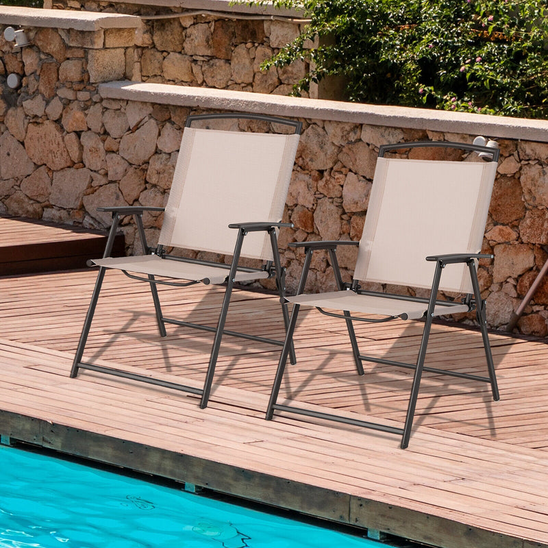Costway - Set of 2 Patio Dining Chairs with Armrests and Rustproof Steel Frame-Beige
