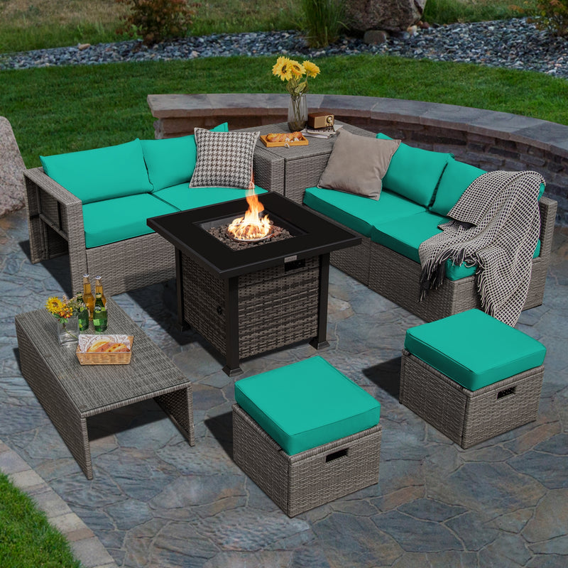Costway - 9 Pieces Outdoor Patio Furniture Set with 32-Inch Propane Fire Pit Table-Turquoise