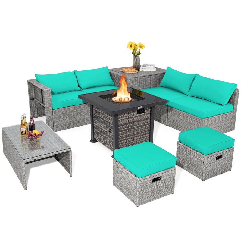 Costway - 9 Pieces Outdoor Patio Furniture Set with 32-Inch Propane Fire Pit Table-Turquoise