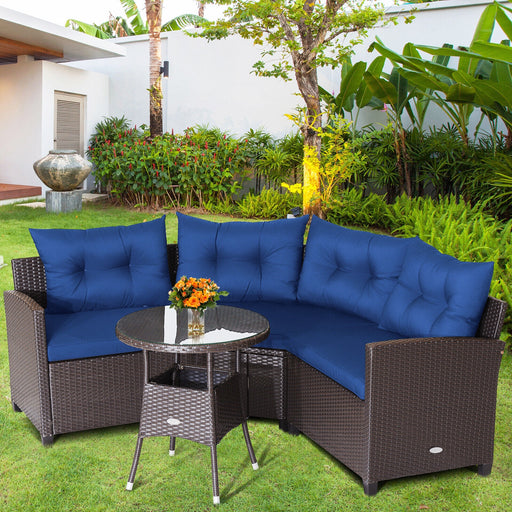 Costway - 4 Pieces Patio Rattan Furniture Set Cushioned Sofa Glass Table-Navy