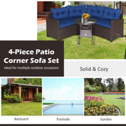 Costway - 4 Pieces Patio Rattan Furniture Set Cushioned Sofa Glass Table-Navy