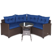 Costway - 4 Pieces Patio Rattan Furniture Set Cushioned Sofa Glass Table-Navy