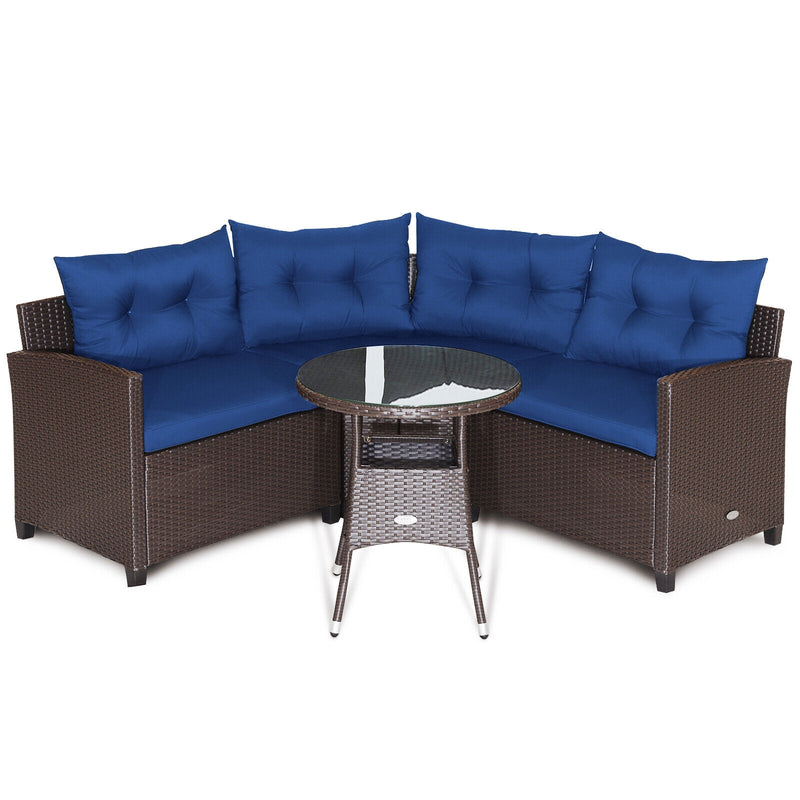 Costway - 4 Pieces Patio Rattan Furniture Set Cushioned Sofa Glass Table-Navy