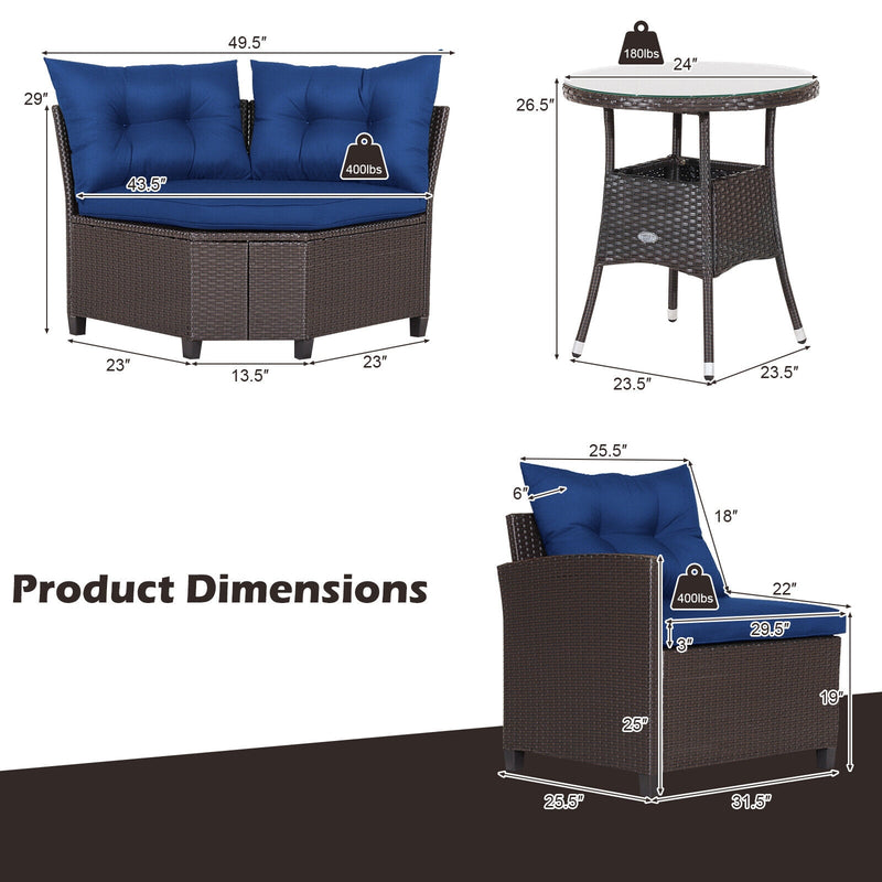 Costway - 4 Pieces Patio Rattan Furniture Set Cushioned Sofa Glass Table-Navy