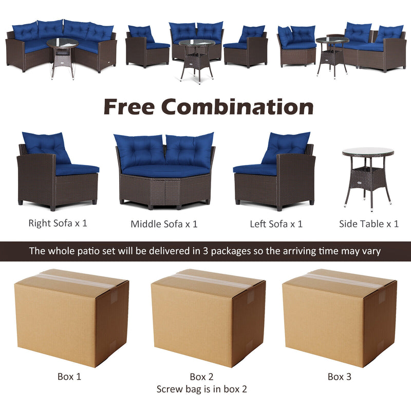 Costway - 4 Pieces Patio Rattan Furniture Set Cushioned Sofa Glass Table-Navy