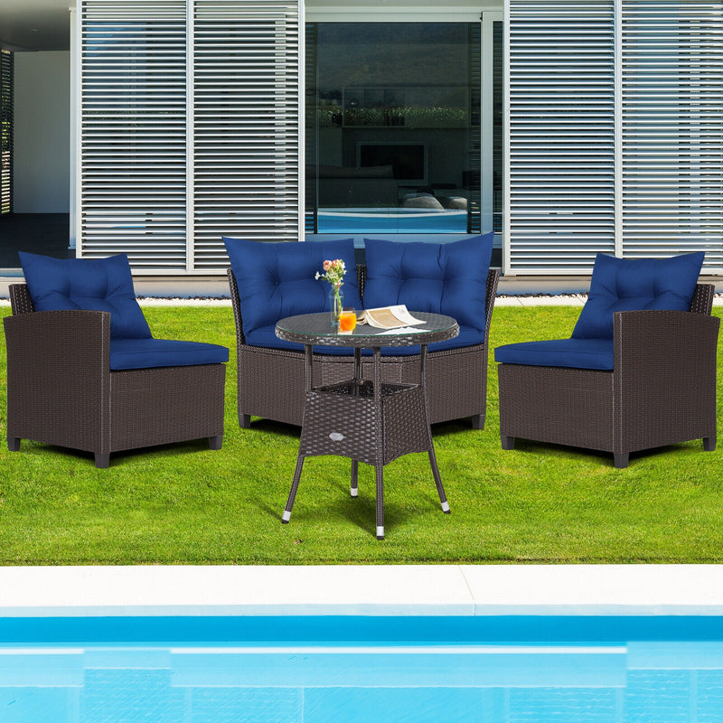 Costway - 4 Pieces Patio Rattan Furniture Set Cushioned Sofa Glass Table-Navy