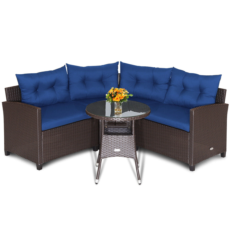 Costway - 4 Pieces Patio Rattan Furniture Set Cushioned Sofa Glass Table-Navy