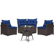 Costway - 4 Pieces Patio Rattan Furniture Set Cushioned Sofa Glass Table-Navy