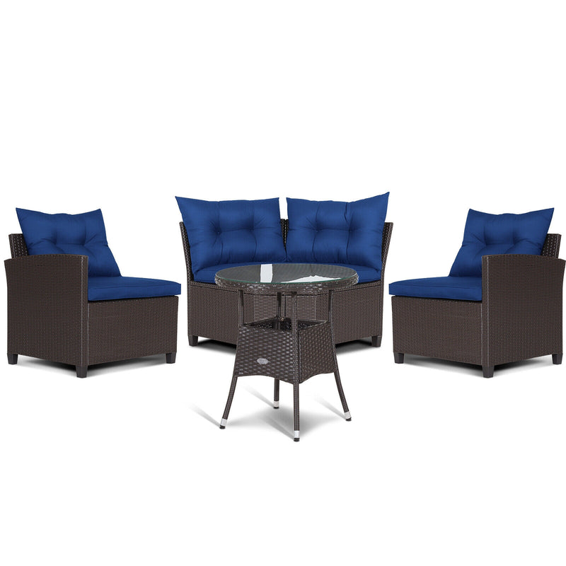 Costway - 4 Pieces Patio Rattan Furniture Set Cushioned Sofa Glass Table-Navy