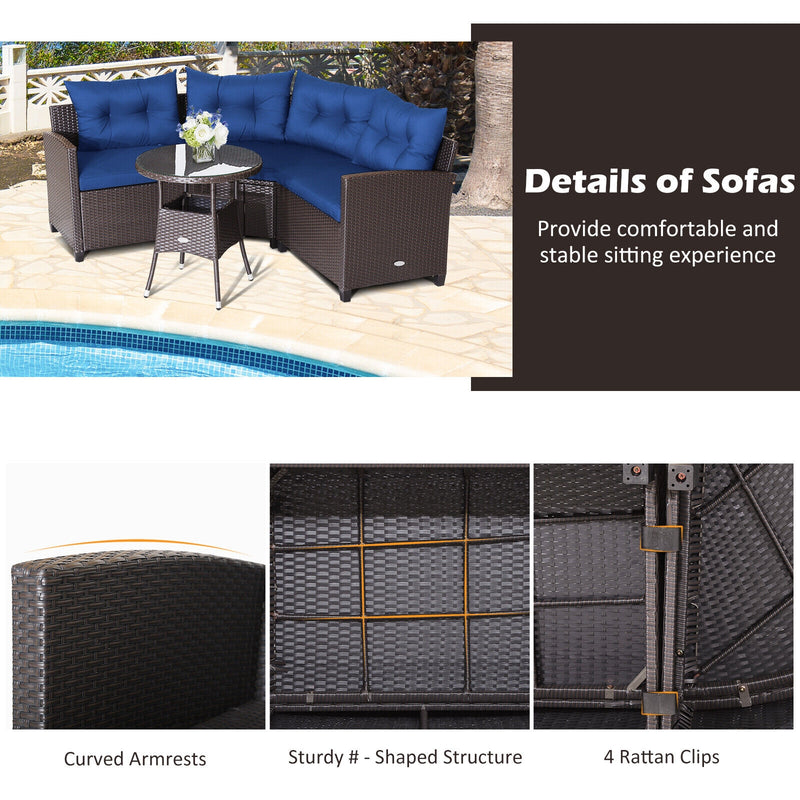 Costway - 4 Pieces Patio Rattan Furniture Set Cushioned Sofa Glass Table-Navy