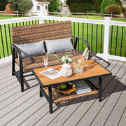 Costway - 2 Pieces Patio Rattan Coffee Table Set with Shelf and Quick Dry Cushion