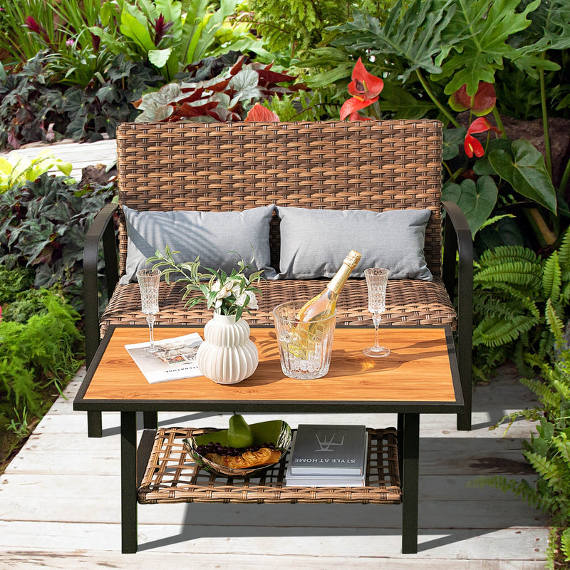 Costway - 2 Pieces Patio Rattan Coffee Table Set with Shelf and Quick Dry Cushion