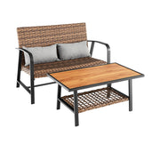 Costway - 2 Pieces Patio Rattan Coffee Table Set with Shelf and Quick Dry Cushion