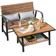Costway - 2 Pieces Patio Rattan Coffee Table Set with Shelf and Quick Dry Cushion
