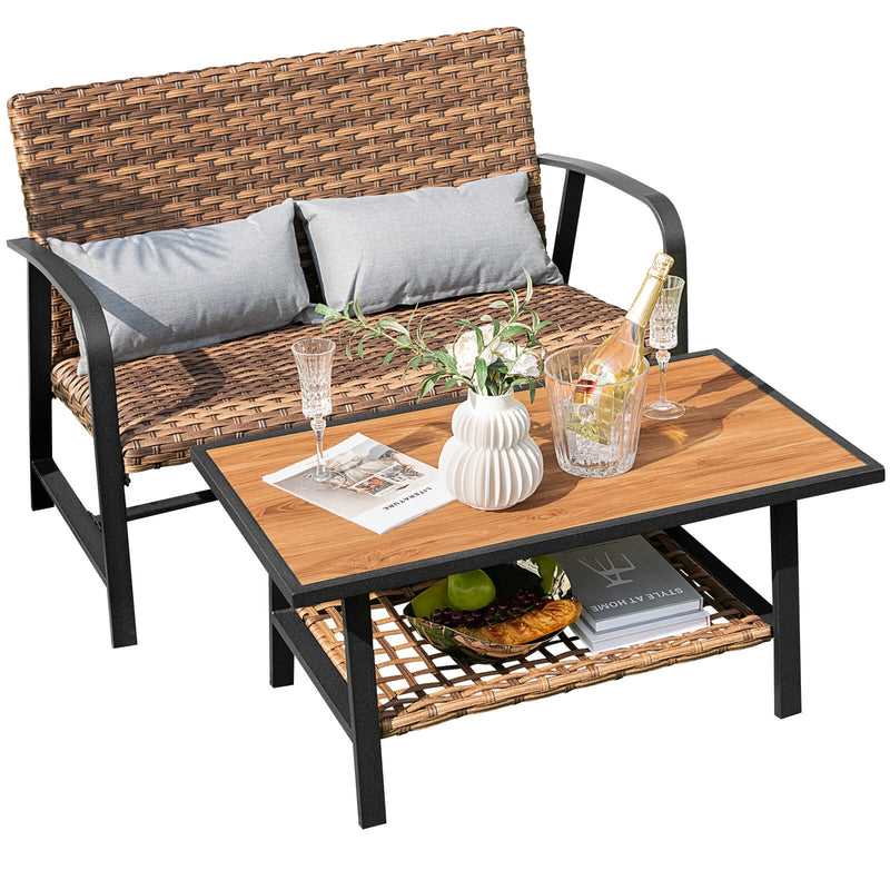 Costway - 2 Pieces Patio Rattan Coffee Table Set with Shelf and Quick Dry Cushion