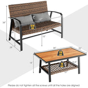 Costway - 2 Pieces Patio Rattan Coffee Table Set with Shelf and Quick Dry Cushion