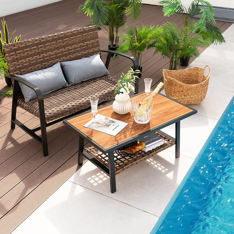 Costway - 2 Pieces Patio Rattan Coffee Table Set with Shelf and Quick Dry Cushion