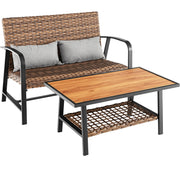 Costway - 2 Pieces Patio Rattan Coffee Table Set with Shelf and Quick Dry Cushion