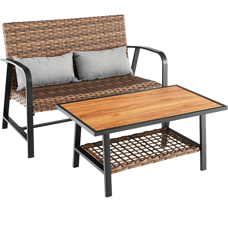 Costway - 2 Pieces Patio Rattan Coffee Table Set with Shelf and Quick Dry Cushion