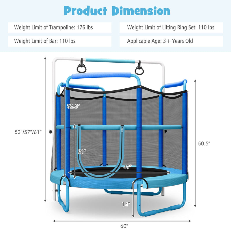 Costway - 5 Feet Kids 3-in-1 Game Trampoline with Enclosure Net Spring Pad-Blue
