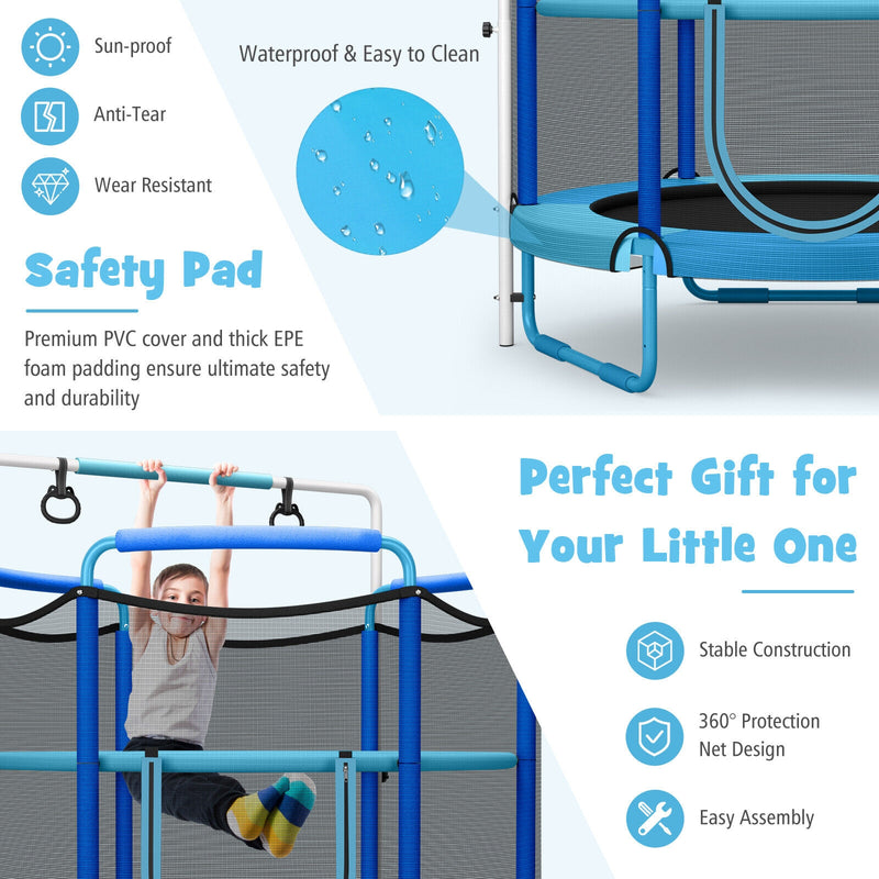 Costway - 5 Feet Kids 3-in-1 Game Trampoline with Enclosure Net Spring Pad-Blue