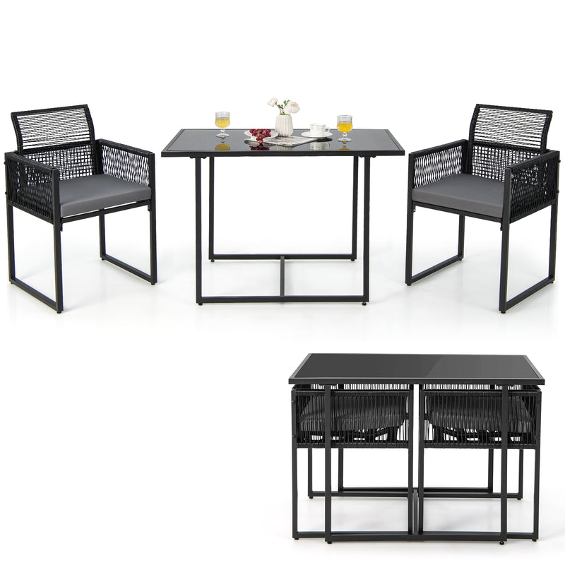 Costway - 3 Pieces Outdoor Dining Set with Folding Backrest and Seat Cushions-Gray