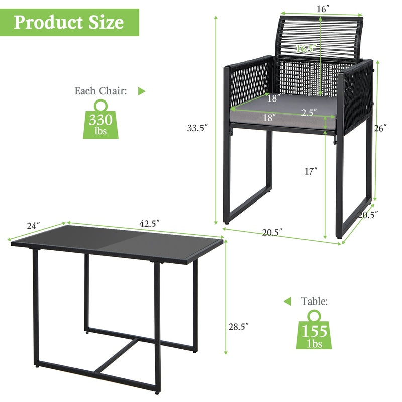 Costway - 3 Pieces Outdoor Dining Set with Folding Backrest and Seat Cushions-Gray