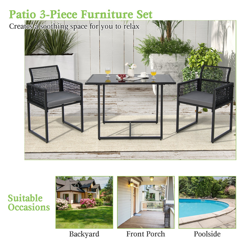 Costway - 3 Pieces Outdoor Dining Set with Folding Backrest and Seat Cushions-Gray