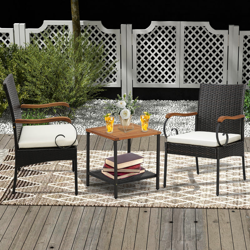 Costway - Set of 2/4 Outdoor PE Wicker Chair with Acacia Wood Armrests-Set of 2
