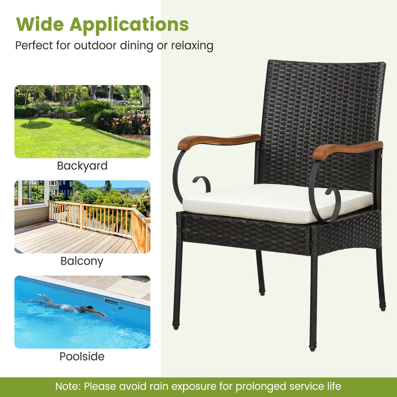 Costway - Set of 2/4 Outdoor PE Wicker Chair with Acacia Wood Armrests-Set of 2