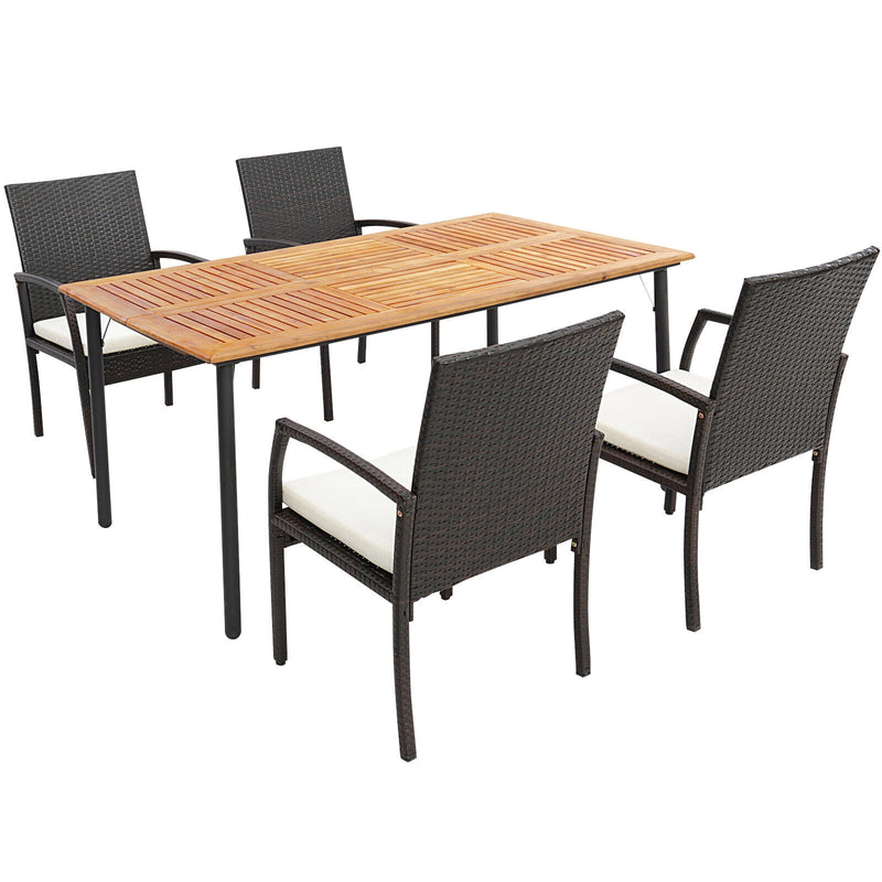 Costway - 5 Pieces Patio Wicker Cushioned Dining Set with Umbrella Hole