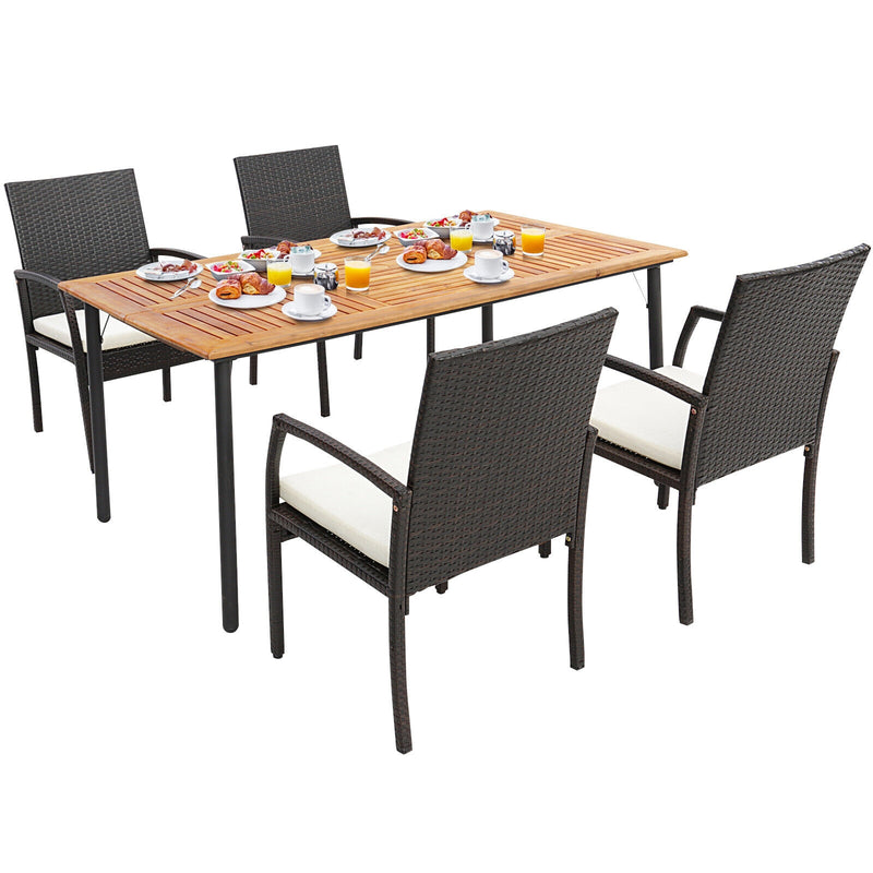 Costway - 5 Pieces Patio Wicker Cushioned Dining Set with Umbrella Hole