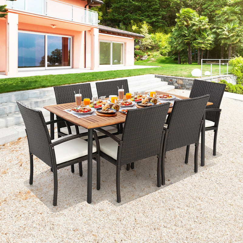 Costway - 7 Pieces Patio Wicker Cushioned Dining Set with Umbrella Hole