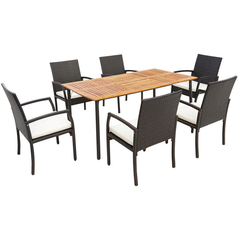 Costway - 7 Pieces Patio Wicker Cushioned Dining Set with Umbrella Hole