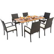 Costway - 7 Pieces Patio Wicker Cushioned Dining Set with Umbrella Hole
