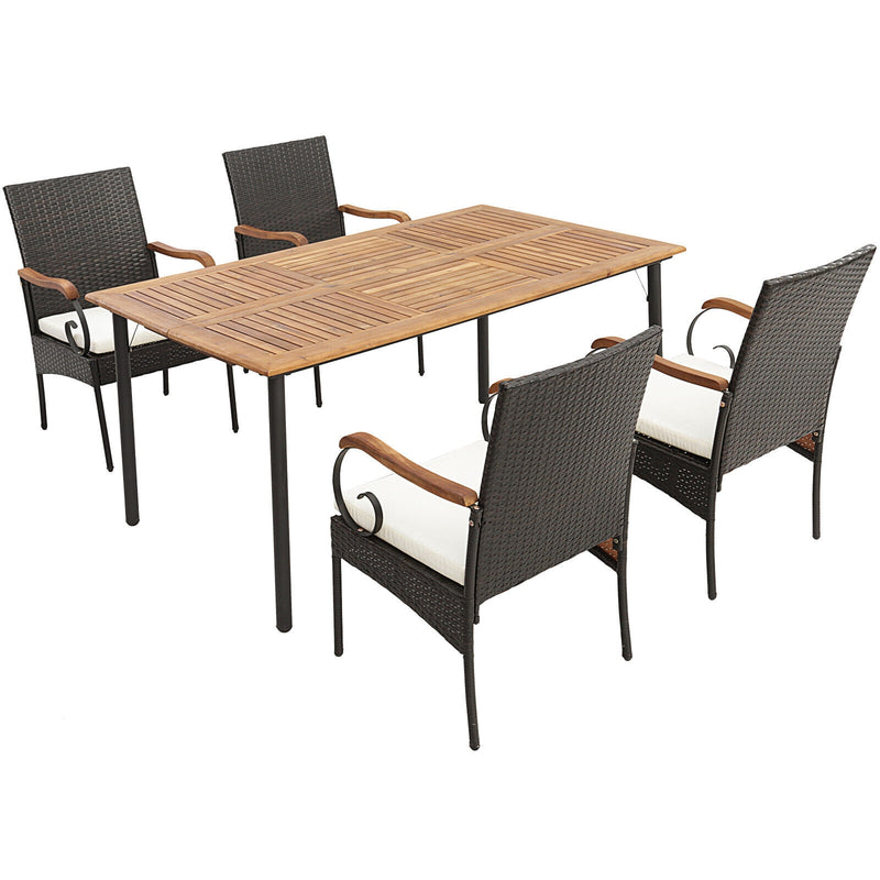 Costway - 5 Pieces Patio Wicker Dining Set with Detachable Cushion and Umbrella Hole