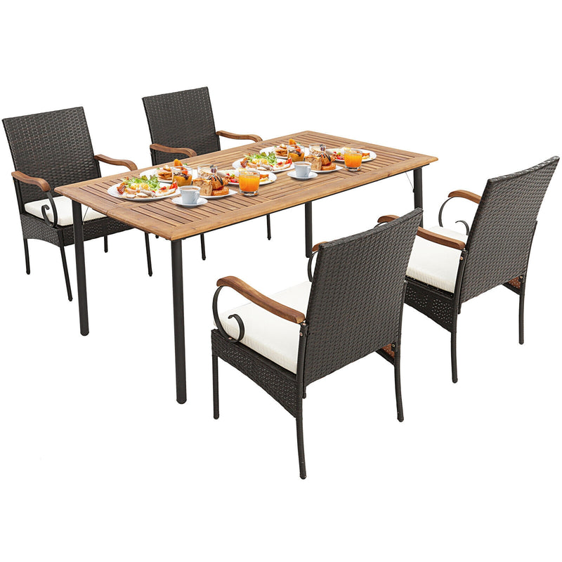 Costway - 5 Pieces Patio Wicker Dining Set with Detachable Cushion and Umbrella Hole
