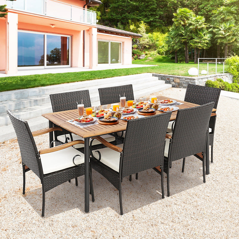 Costway - 7 Pieces Patio Wicker Dining Set with Detachable Cushion and Umbrella Hole