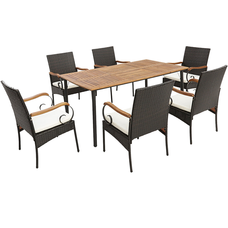 Costway - 7 Pieces Patio Wicker Dining Set with Detachable Cushion and Umbrella Hole