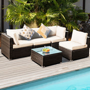 Costway - 5 Pieces Cushioned Patio Rattan Furniture Set with Glass Table-White