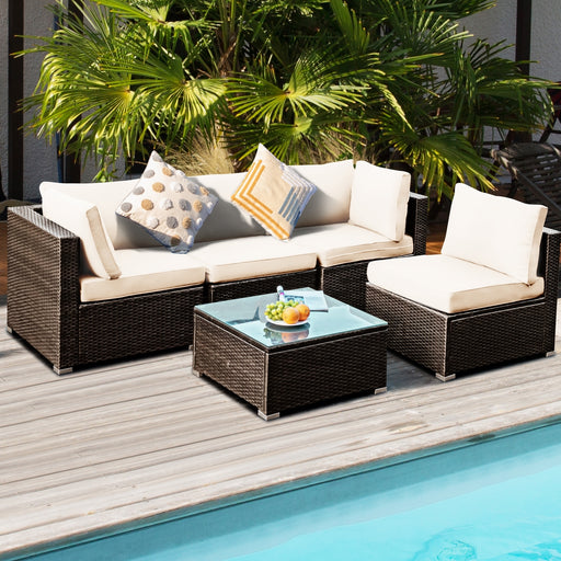 Costway - 5 Pieces Cushioned Patio Rattan Furniture Set with Glass Table-White