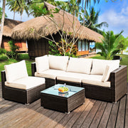 Costway - 5 Pieces Cushioned Patio Rattan Furniture Set with Glass Table-White