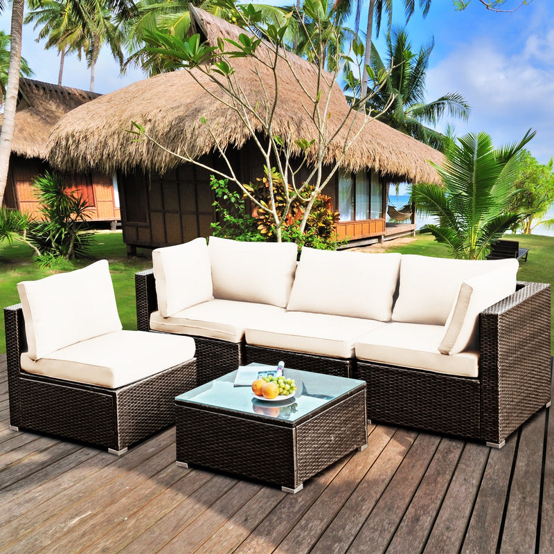 Costway - 5 Pieces Cushioned Patio Rattan Furniture Set with Glass Table-White