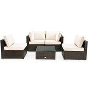 Costway - 5 Pieces Cushioned Patio Rattan Furniture Set with Glass Table-White