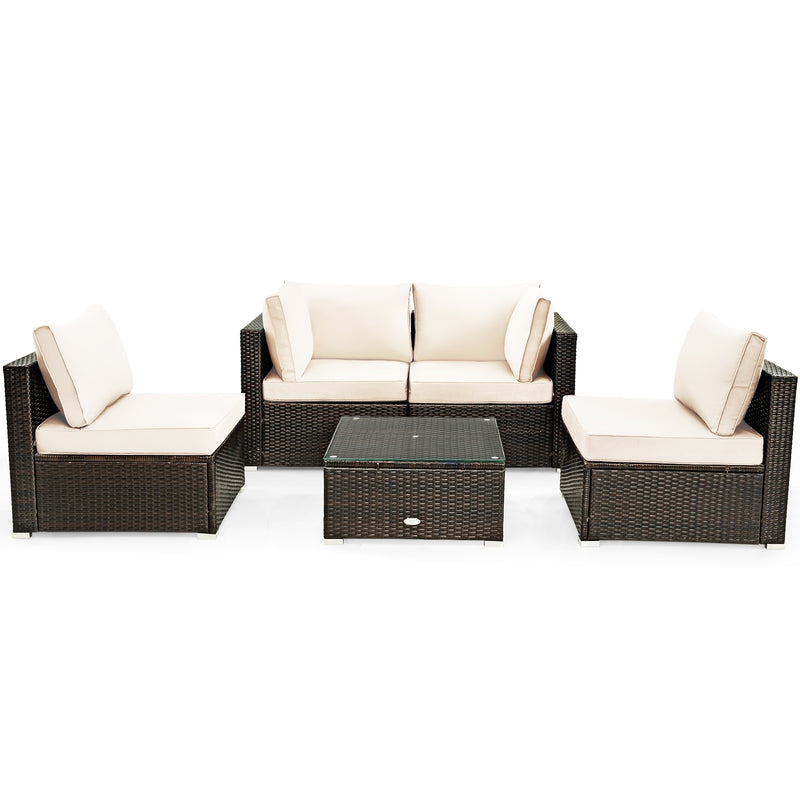 Costway - 5 Pieces Cushioned Patio Rattan Furniture Set with Glass Table-White