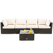 Costway - 5 Pieces Cushioned Patio Rattan Furniture Set with Glass Table-White