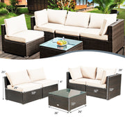 Costway - 5 Pieces Cushioned Patio Rattan Furniture Set with Glass Table-White