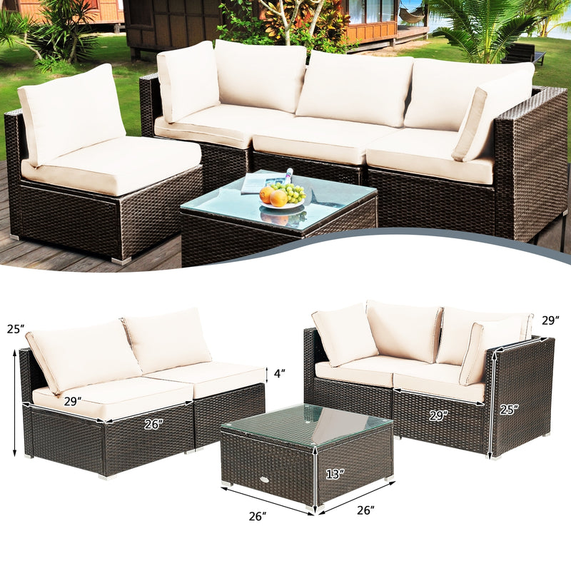 Costway - 5 Pieces Cushioned Patio Rattan Furniture Set with Glass Table-White